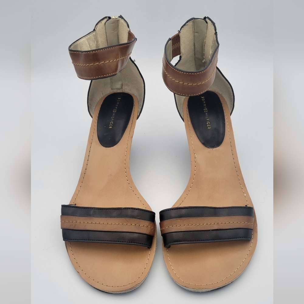 Tommy Hilfiger Open Toed, Closed Zip Up Back Leather Wedge Sandals